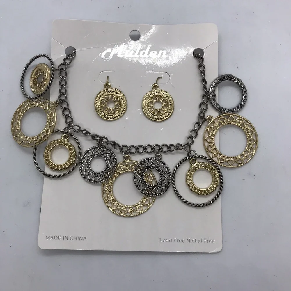 Mulden Necklace‎ Earring Set TwoTone Boho Textured Medallion Nickel Free  NEW